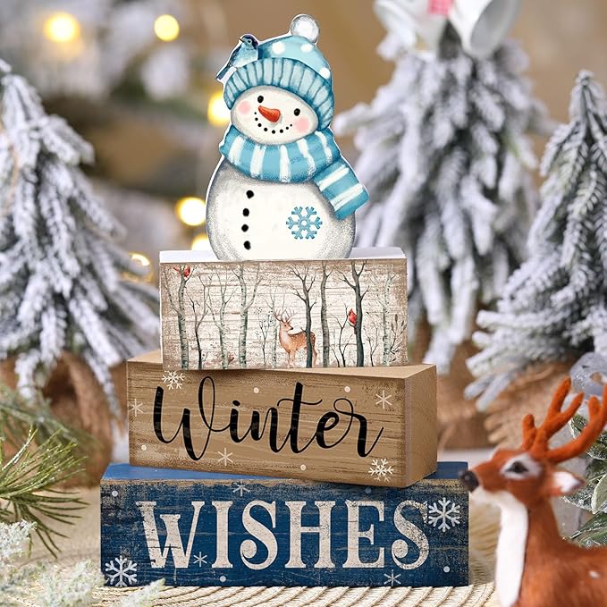 Lineshading 4 Pcs White Table Decor Wooden Snowman Blue and White Winter Tiered Tray Decor Christmas Table Centerpiece Wooden Rustic Snowman Block Sign Gifts Farmhouse for Home Kitchen Shelf