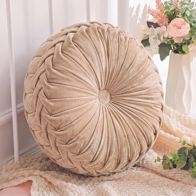 Drydiet 1 Pcs Round Throw Velvet Pillows Decorative Pleated Throw Pillows Diameter Accent Pumpkin Boho Chair Cushion for Couch Sofa Home Decoration (Greige,15'')