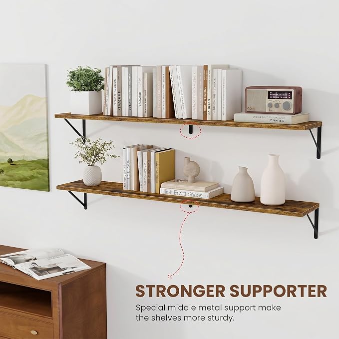 Vivelove Deep Floating Shelves for Wall, 48W x 8D Wood Wall Shelves Set of 2, Wide Floating Bookshelf for Living Room, Kitchen, Office, Bedroom and Decor Storage, with Metal Bracket - Rustic Brown