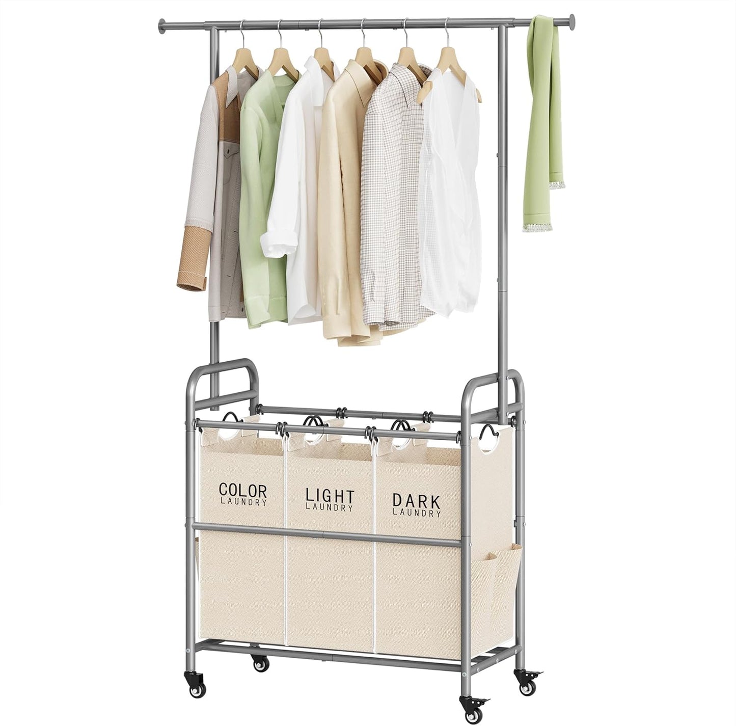 Tajsoon Laundry Hamper with Hanging Rack, 3 Section Laundry Sorter with Heavy Duty Lockable Wheels, Laundry Basket Organizer for Dirty Clothes Storage, 3 Beige