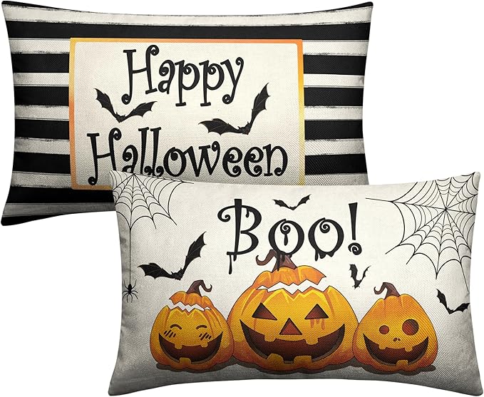 Happy Halloween Lumbar Pillow Covers 12x20 Set of 2 Pumpkin Bat Spider Web Waist Throw Pillow Covers Boo Pillow Halloween Rectangular Pillow Case for Home Decor Couch Outdoor