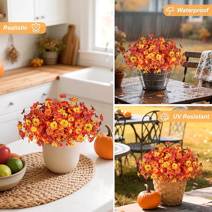 INXUGAO Artificial Fake Mums Fall Flowers for Outdoor Outside Decoration 12 Bundles Faux Silk Flowers Plants Realistic Daisy UV Resistant Fall Décor Autumn Front Door Porch Patio Yard Decoration