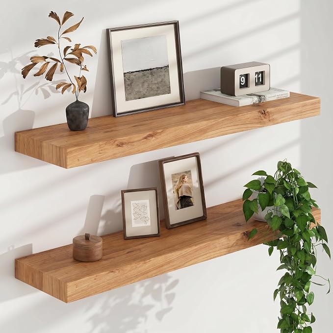 FLYJOE Floating Shelves for Wall, USA-Sourced Elm Wood 32 Inch Wall Shelves Set of 2, Natural Wooden Mounted Picture Ledge Shelf, Nursery Book Storage Shelf Kids Bookshelf Display, Shelf for Bathroom
