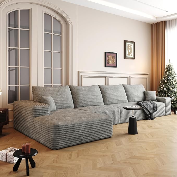 135" Corduroy Couch Sectional with Chaise, L Shape Boneless Cloud Couches for Living Room Bedroom, Modular Corner Couch, Fluffy Deep Seat Compression Sofa, Left Facing Chaise, No Assembly, Grey