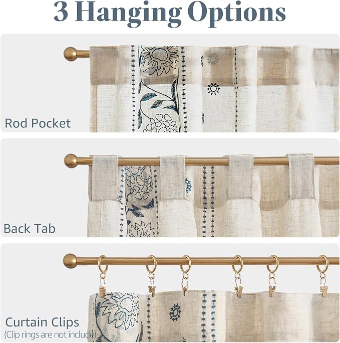 jinchan Winslow Linen Kitchen Curtains 24 Inch Length Small Window Curtains Embroidered Bordered Floral Drapes Light Filtering for Bathroom Laundry Room Farmhouse Decor Blue on Beige 2 Panels