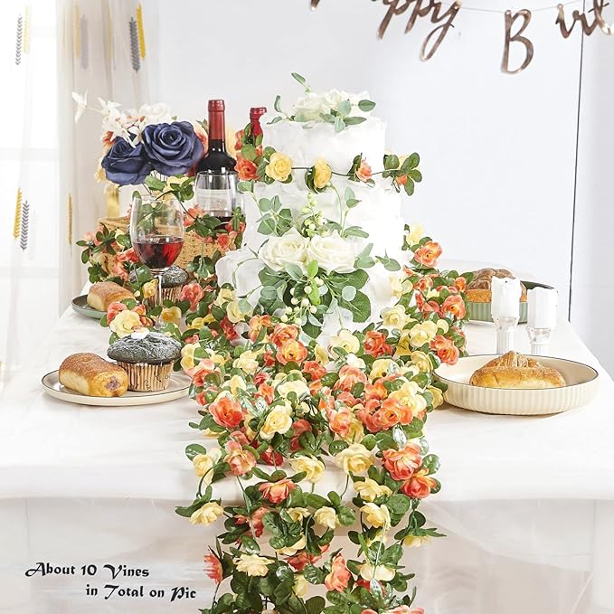 PONKING 8 Pcs x 8.2 ft Flower Garland Artificial Rose Vine Flowers with Green Leaves Hanging Fake Roses Vine for Room Party Home Wedding Birthday Christmas Wall Arch Decor, Champagne Flower