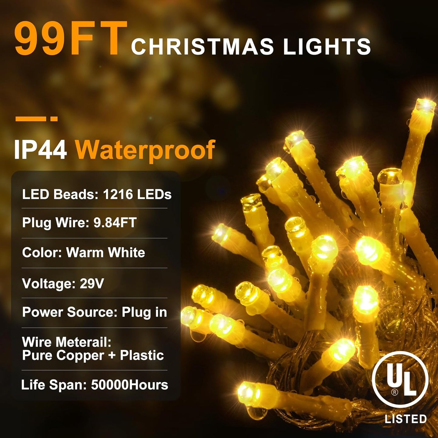 KNONEW 99ft 1216 LED Christmas Lights Outdoor Decorations with 228 Drops, 8 Modes Curtain Fairy String Light, Clear Wire LED String Light Indoor Decor for Wedding Party Christmas