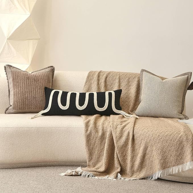 Black Decorative Lumbar Pillow Cover 12x28, Handwoven Boho Long Body Pillowcase, Farmhouse Linen Cotton Pillow Cushion Case for Sofa, Bed, Living Room, Bedroom