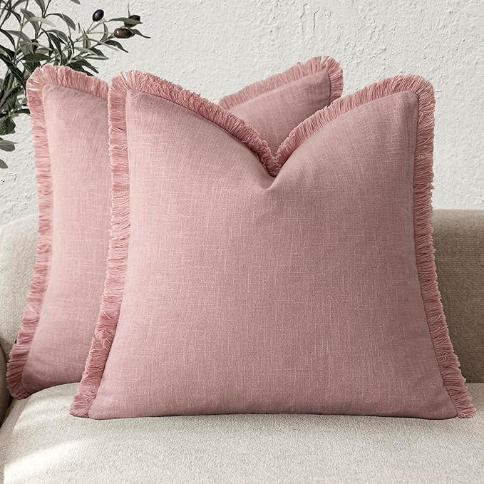 Foindtower Set of 2 Decorative Linen Fringe Throw Pillow Covers Cozy Boho Farmhouse Cushion Cover with Tassels Soft Accent Pillowcase for Couch Sofa Bed Living Room Home Decor,18×18 Inch,Rose Pink