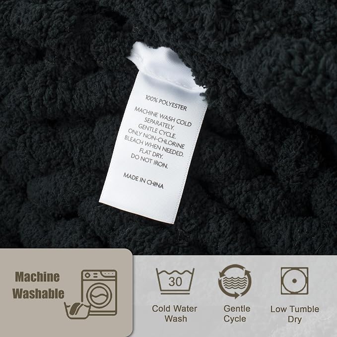 Chunky Knit Throw Blanket 50x60, 100% Handmade Chenille Yarn | 4.4lbs Soft Thick Cable Knitted Blankets, Large Rope Knot Crochet Throws for Couch Sofa Bed Machine Washable, Black