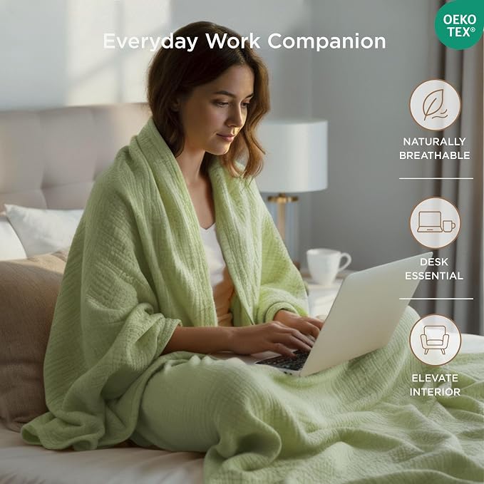 Threadmill Muslin Throw Blanket | 4 Layer 100% Cotton Gauze | Lightweight, Breathable, and Soft All Season Blanket | 50 x 65 Cozy Throw for Sofa, Couch & Bed | Sage Green