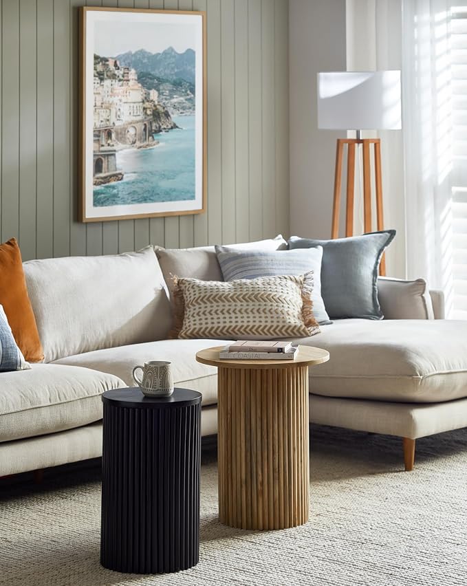 Black Side Tables Living Room, Modern Drum End Table, 18 inch Wide Black Accent Table, Fully Assembled, End Table, Bedside Table for the Living Room and Bedroom