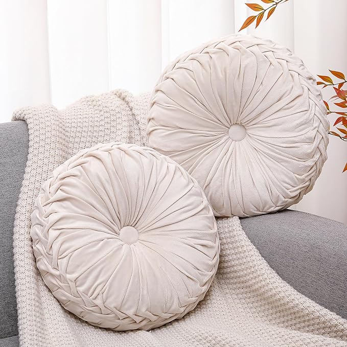 Beeveer 2 Pcs Round Throw Pillows 15 Inch Decorative Velvet Pleated Pumpkin Pillows Boho Floor Pillow with Center Button for Living Room Couch Chair Bed Sofa Home Decoration (Ivory)