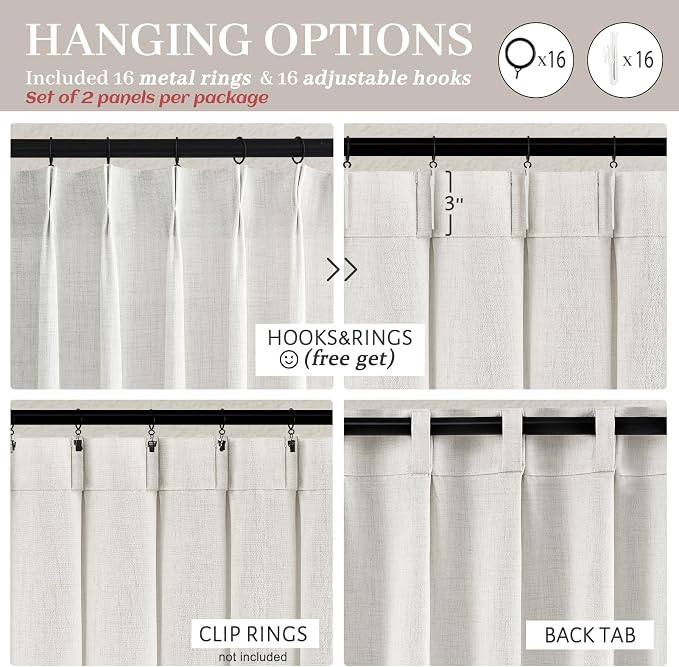 Beige White Pinch Pleated 78 Inch Curtains 2 Panels Set for Bedroom, Neutral Linen Blend Viral Sheer Drapes Sunroom Office Light Filtering Privacy Windows Curtain Ceiling Track 40"W x 78"L Length Burg