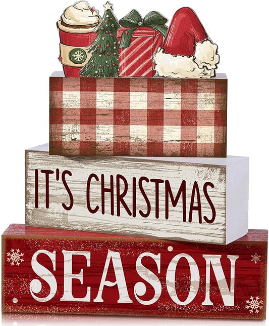 Lineshading 4 Pcs Christmas Table Decoration Wooden Hot Cocoa Santa Hat Decorations Christmas Tiered Tray Decor Winter Centerpiece Decorative Santa Hat Hot Cocoa Gift Box Tree Block Signs for Home