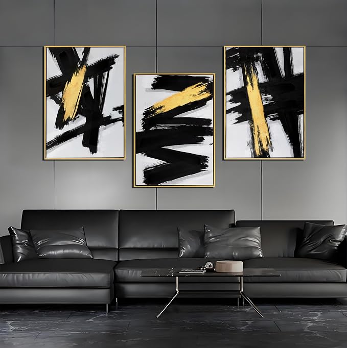 Sofoney - Gold Framed Black and Gold Abstract Canvas Wall Art Prints 3D Textured Black Brushstrokes Painting with Gold Foil, Modern Home Decor for Living Room Bedroom Office - 16"x24"x 3 Piece