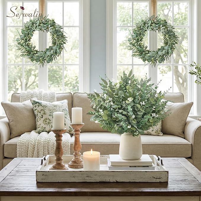 Serwalin 35pcs Artificial Mixed Eucalyptus Stems Leaves Bulk, 4Kinds Fake Greenery Silver Dollar Eucalyptus Leaves Picks,Faux Greenry Stems Sprays for DIY Bouquets Floral Arrangement Home Decor