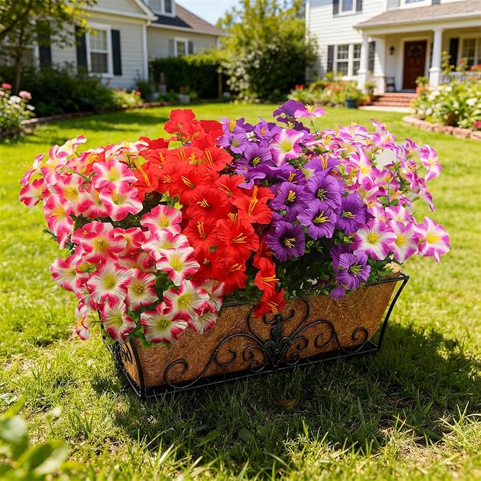 Artificial Flowers for Outdoors Fake Plants Outside, 16 Bundles Silk Morning Glory with Eucalyptus, UV Resistant Realistic Faux Flowers for Planters Porch Patio Garden Balcony Decor (4 Color)