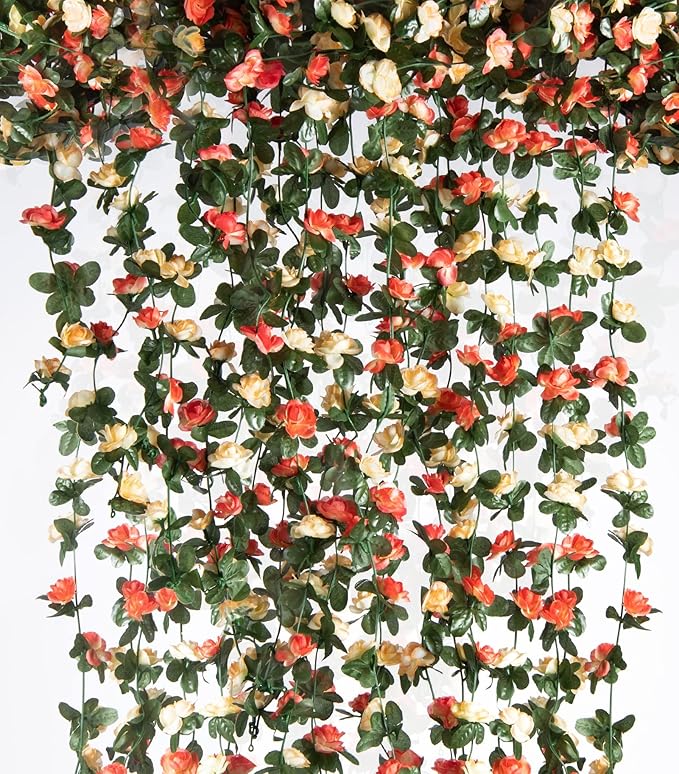 PONKING 6 Pcs x 8.2 ft Flower Garland Artificial Rose Vine Flowers with Green Leaves Hanging Fake Roses Vine for Room Party Home Wedding Birthday Christmas Wall Arch Decor, Champagne Flower