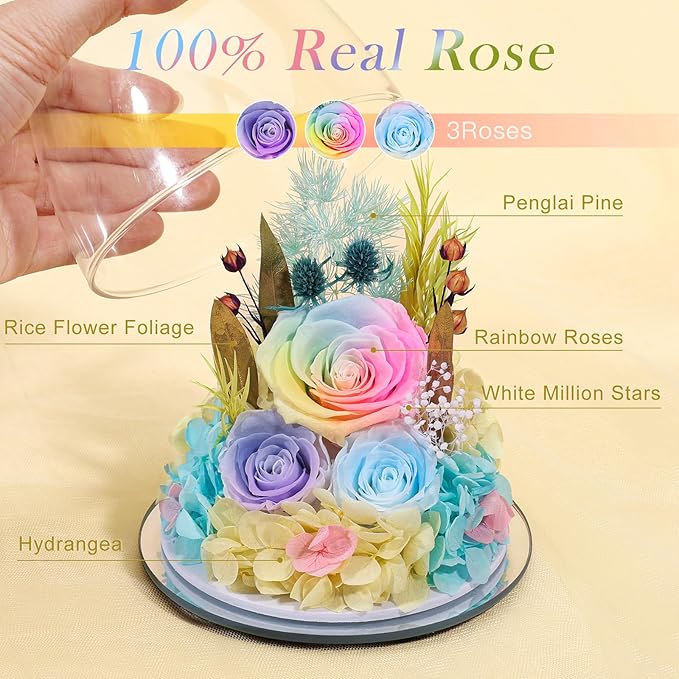 FIACO Gifts for Women Mom Preserved Rose Forever Flower in Glass Angel Figurine Fresh Flowers for Delivery Birthday Gifts for Grandma Wife Sister Eternal Roses