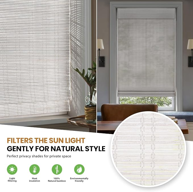 LazBlinds Cordless Bamboo Roman Shades for Windows, 36'' W x 60'' H | Natural Light Filtering Bamboo Window Blinds, Bamboo Blinds for Bedroom Living Room Office Indoor