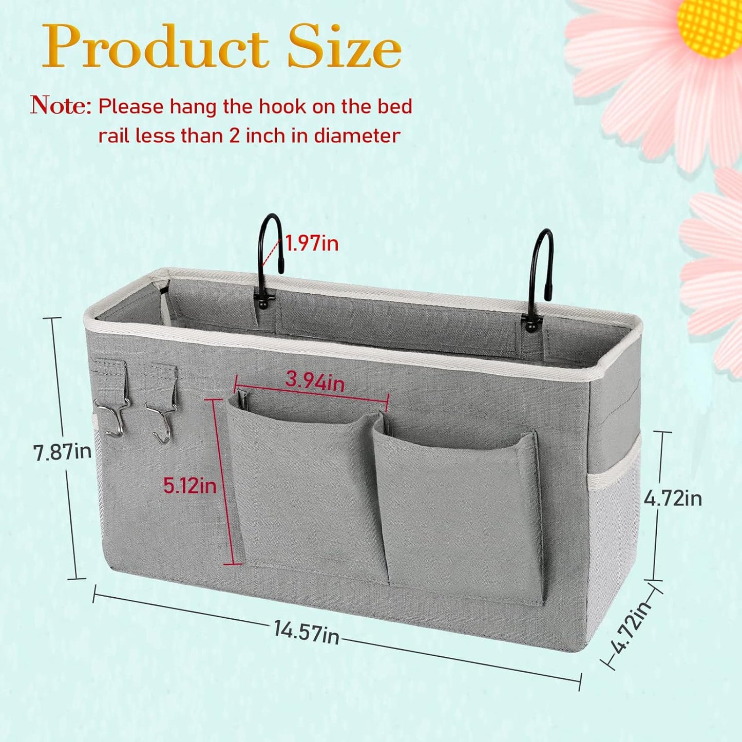 Bedside Storage Caddy/Bedside Hanging Storage Bag for Headboards Bunk Beds Dorm Rooms Book Phone Magazine Holder (Grey)