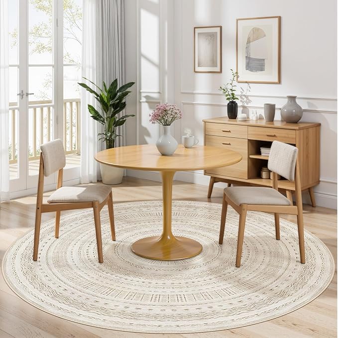 cotiled 6x6 Round Area Rug Living Room: Washable Boho Rugs with Non Slip Backing Large Soft Indoor Stain Resistant Carpet for Bedroom Farmhouse Dining Room Lightweight Home Decor Brown/Cream