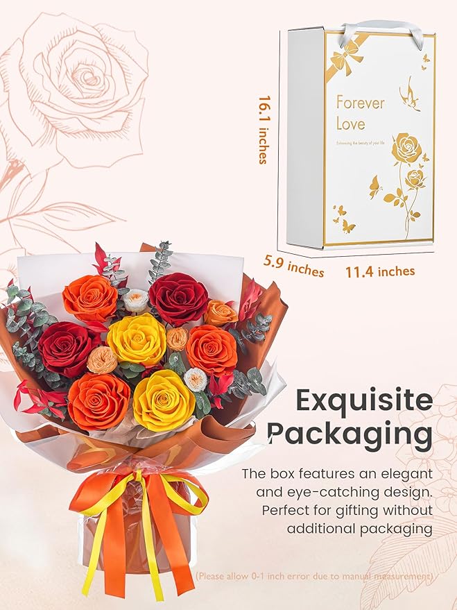 Polylove Flowers for Delivery Prime Forever Flowers Bouquet Preserved Roses Bouquet Flower Gift for Women Wife Mother Day Graduation Birthday (Orange, Medium)
