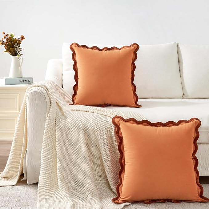 MONDAY MOOSE Decorative Throw Pillow Covers Cushion Cases, Set of 2 Soft Velvet Scalloped Wavy Edge Designs, Mix and Match for Home Decor, Pillow Inserts Not Included (18x18 inch, Rust/Coral)