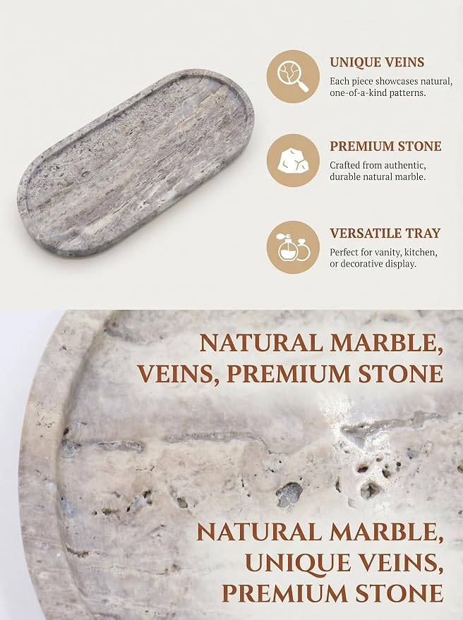 OOBOOB Oval Natural Marble Tray,Elegant Vanity Organizer for Jewelry, Perfume, Decorative Serving Tray for Coffee, Tea, or Dining Table Centerpiece,Countertop Storage Organizer for Home Bathroom