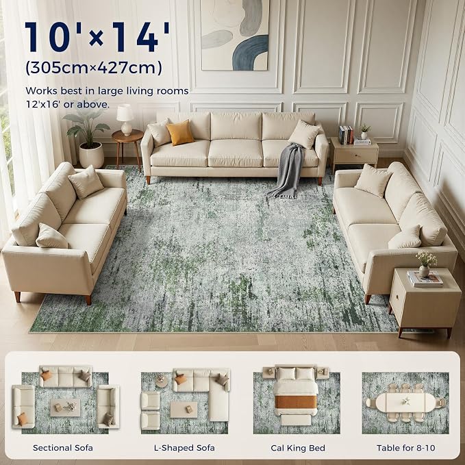 DMOYEST Area Rug Living Room Rugs - 10x14 Large Soft Indoor Neutral Modern Abstract Low Pile Washable Rug Carpet for Bedroom Dining Room Farmhouse Home Office - Green/Grey/Brown