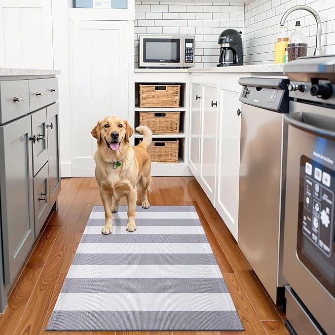 OLANLY Grey and White Striped Rug 2'4" x 3'7" (27.5" x 43") – Washable Cotton Indoor Outdoor Doormat for Front Door, Entryway, Kitchen, Porch, Patio Decor