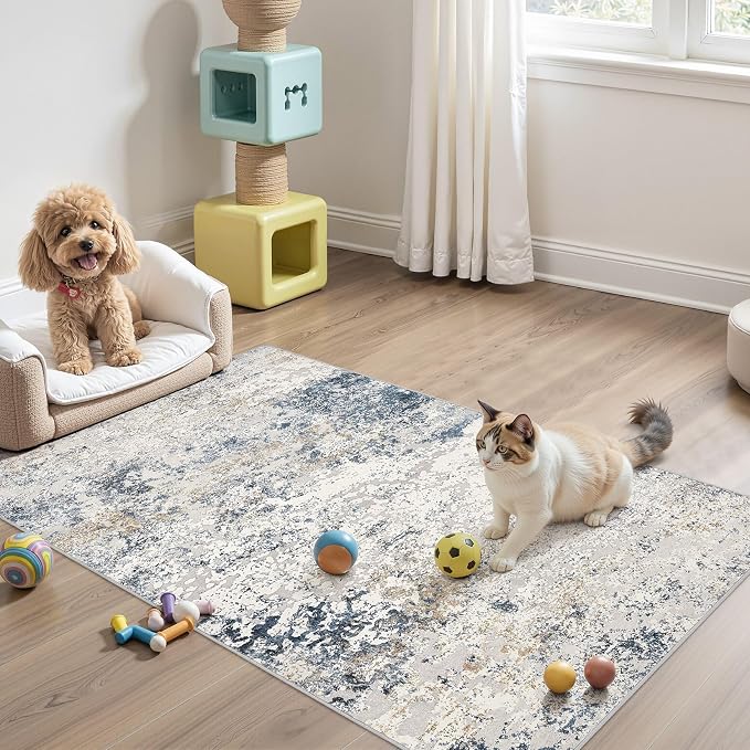 DMOYEST Washable Area Rug: 3x5 ft Abstract Small Rugs for Entryway Kitchen Living Room Bedroom - Non Slip Modern Neutral Carpet Indoor Front Door - Beige Blue