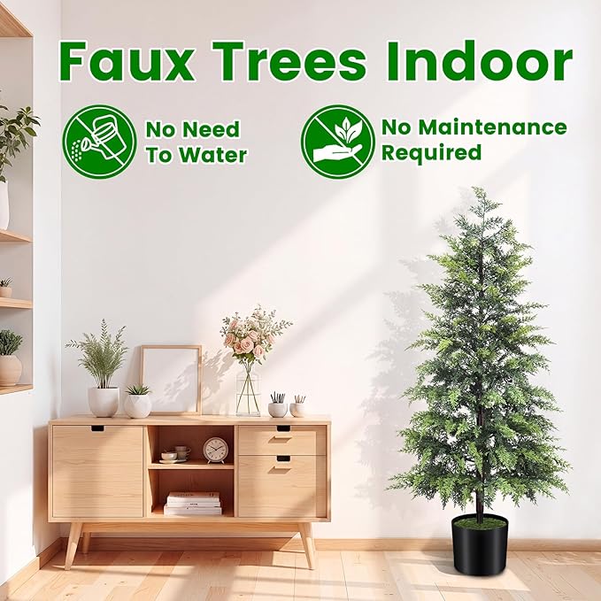 ENVEN Outdoor Artificial Topiary Cedar Tree Real Touch Faux Pine Evergreen Shrub Plant UV Resistant Greenery Tree with Pot Realistic Cypress Front Porch Decor (4FT-2Pack)