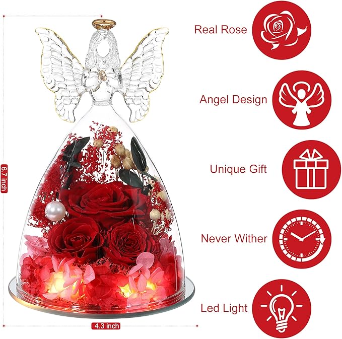 Mothers Day Rose Gifts for Women Preserved Real Flower in Glass Angel Figurines Roses for Delivery Prime Birthday Gifts for Mom Grandma Girlfriend Wife Her, Red Austin Roses