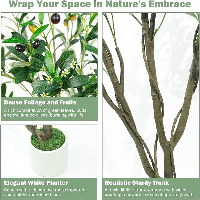 Caxchiling Artificial Olive Tree 6FT, Indoor Outdoor Faux Tree | Natural Trunk with Olive Fruits and Buds in White Planter for Home Office Living Room
