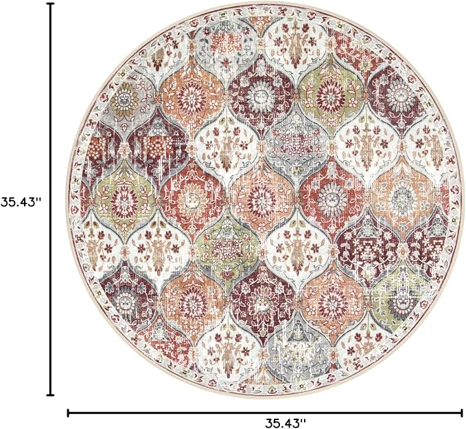 Lahome Moroccan Trellis Round Area Rugs, Washable Small Round Rug 3ft Non-Slip, Soft Vintage Ultra-Thin Circle Carpet for Bedroom Entryway Laundry Bathroom Elise, Orange/Terracotta