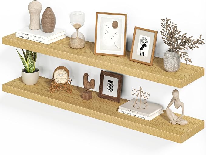 Heimlove Floating Shelves for Wall 48 Inches Long,9.3" Deep Oak Floating Shelf Set of 2,Wall Mounted Wood Shelves for Bathroom Bedroom Living Room Kitchen Office,Shelf for Books Storage Room Decor