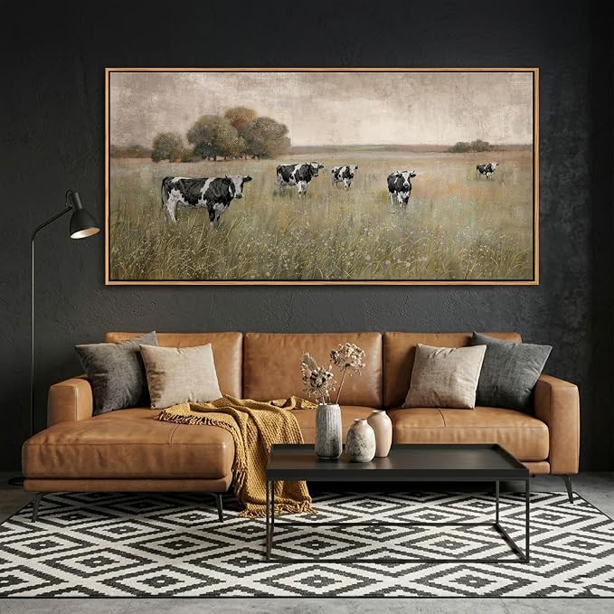 YDYSUNE Large Cow Pasture Wall Art - Rustic Landscape Canvas Print,Beige and Black Farm Animal Framed Picture,Grazing Cows Painting for Living Room Bedroom Country Kitchen Decor Artwork 29×58inch