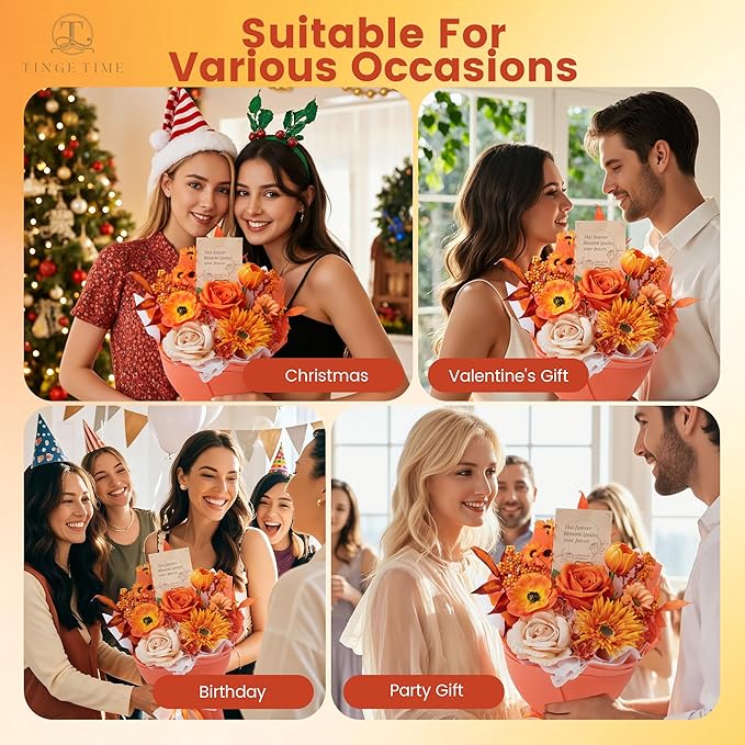 TINGE TIME Preserved Flowers Bouquet, Sunflower and Rose Bouquets, Orange Artificial Flowers Bouquet for Table Centerpiece Mothers Day Gifts Birthday Gifts Wedding Anniversary Housewarming