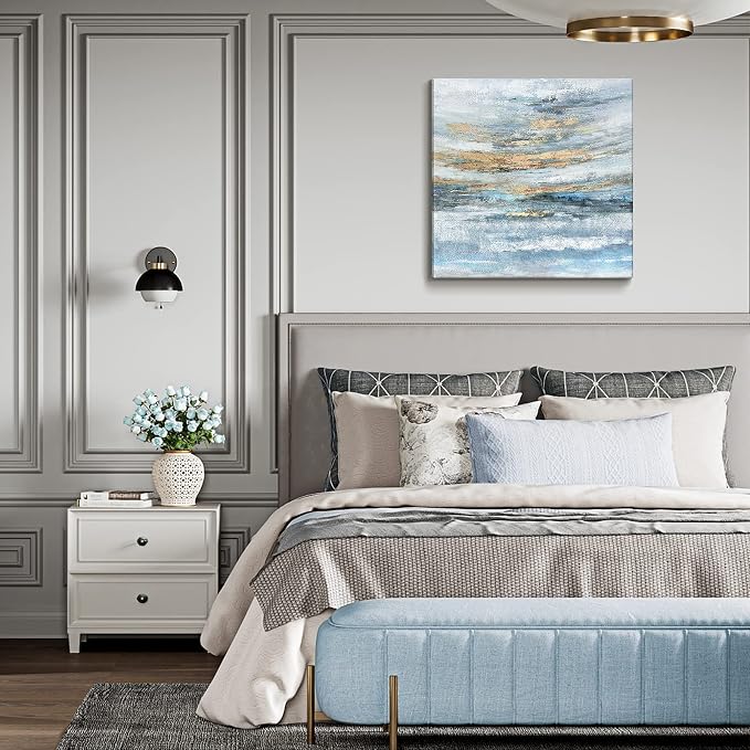 Abstract Canvas Wall Art Framed Light Blue Canvas Print Coastal Theme Artwork Modern Ocean Skyline and Sunset & Sunrise in the Seaside Large Sea Picture for Home Bedroom Decor 24x24inch