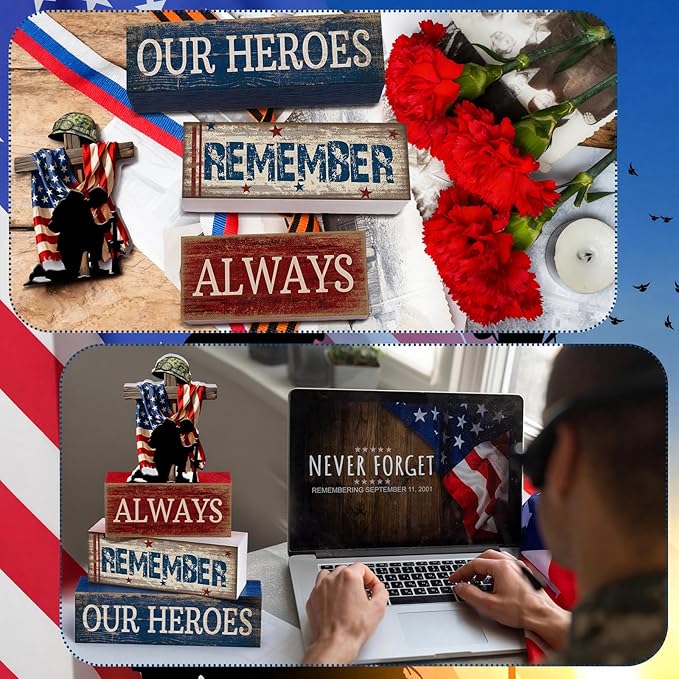 CroBlissful 4 Pcs Memorial Day Decorations 4th of July Patriotic Tabletop Decoration Red White Blue Table Centerpieces Alway Remember Our Heroes Sign for Tiered Tray Home Shelf 250th Anniversary