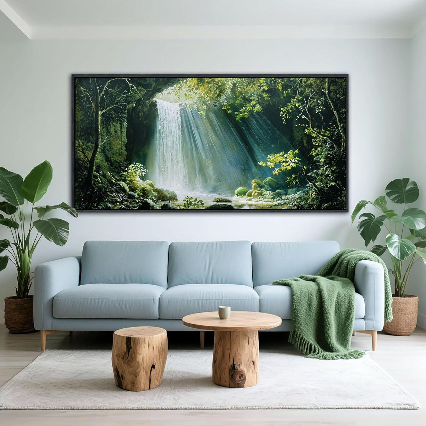 QZQCBLC Green Forest Wall Art, White Waterfall Nature Canvas Pictures Modern Valley Stone River Landscape Paintings Artwork for Living room Bedroom kitchen Home Office Decor 20x40 IN