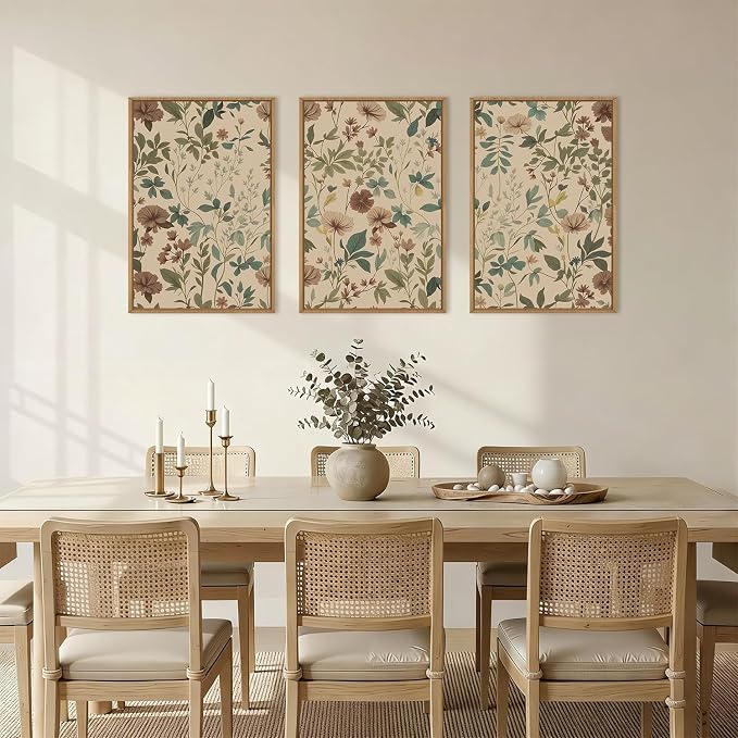 Vintage Floral Botanical Framed Canvas Wall Art Set,Abstract Neutral Wildflower Wall Decor,Mid Century Retro Flower Nature Artwork for Living Room,Bedroom,Farmhouse- 24"x36"x3