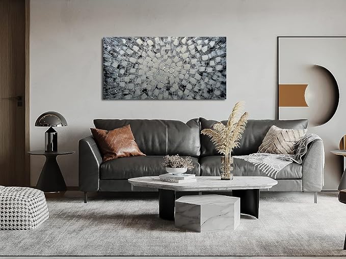 MyArton Textured Abstract Squares Canvas Wall Art Hand Painted Modern Black Silver Oil Painting for Home Decoration Ready to Hang Horizontal or Vertical 48x24inch
