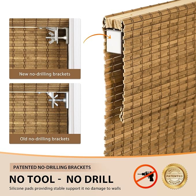 LazBlinds No Tools No Drill Cordless Bamboo Roman Shades, Light Filtering Window Treatment, Roll Up Bamboo Blinds for Windows 33.5'' W x 64'' H, Eastfield Teak