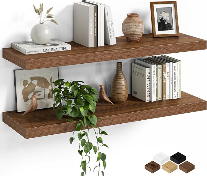 Fun Memories Floating Shelves for Wall, 30 Inch Set of 2 Rustic Wood Wall Shelves with Invisible Brackets, Heavy Duty Storage Display for Living Room Bedroom Kitchen, Walnut