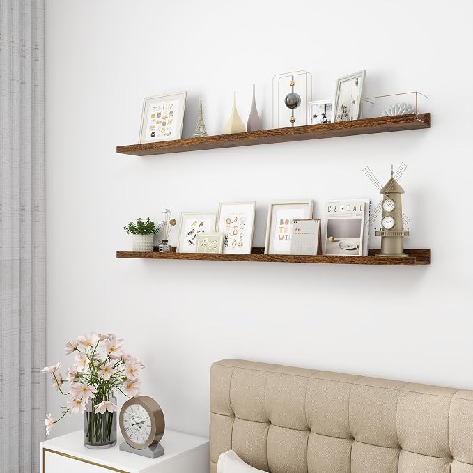 Acovy Picture Ledge Shelf, Wood, 48 inch, Brown, Set of 2 | Long Floating Shelves, Wall Mounted, For Living Room Kids' Room Bedroom, Photo Ledge Nursery Book Shelves