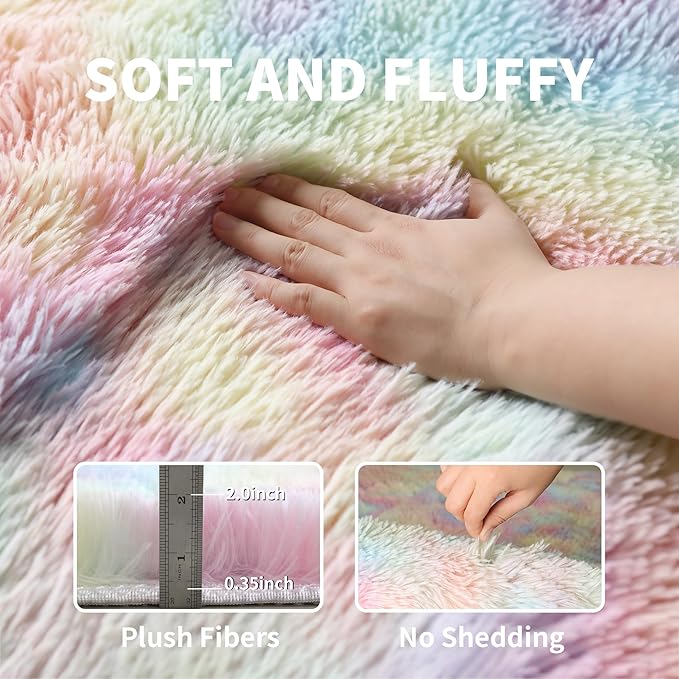 Fluffy 9x12 Large Area Rugs for Girls Bedroom Living Room, Rainbow Soft Washable Shag Carpet for Kids Room, Nursery, Dorm Decor, Colorful Cute Plush Fuzzy Rugs for Baby Toddler