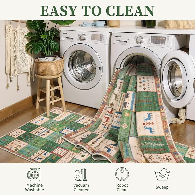 Tangsoo 2x3 Small Rugs for Entryway,Washable Vintage Entry Rug Non Slip, Soft Low Pile Throw Rugs Tribal Front Indoor Rug Small Carpet for Entrance Bedroom Kitchen Laundry Bedside (Green Beige)